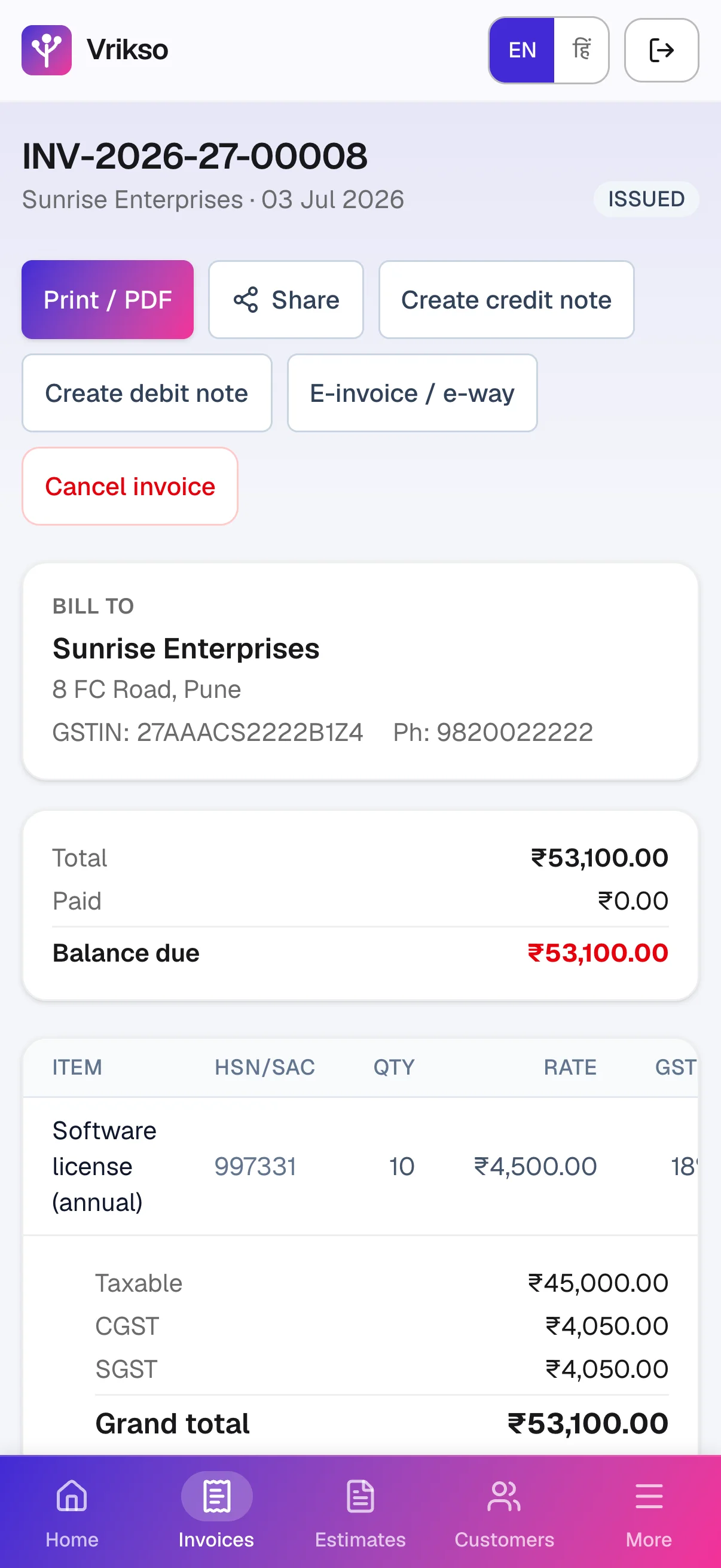 A GST invoice in Vrikso Billing
