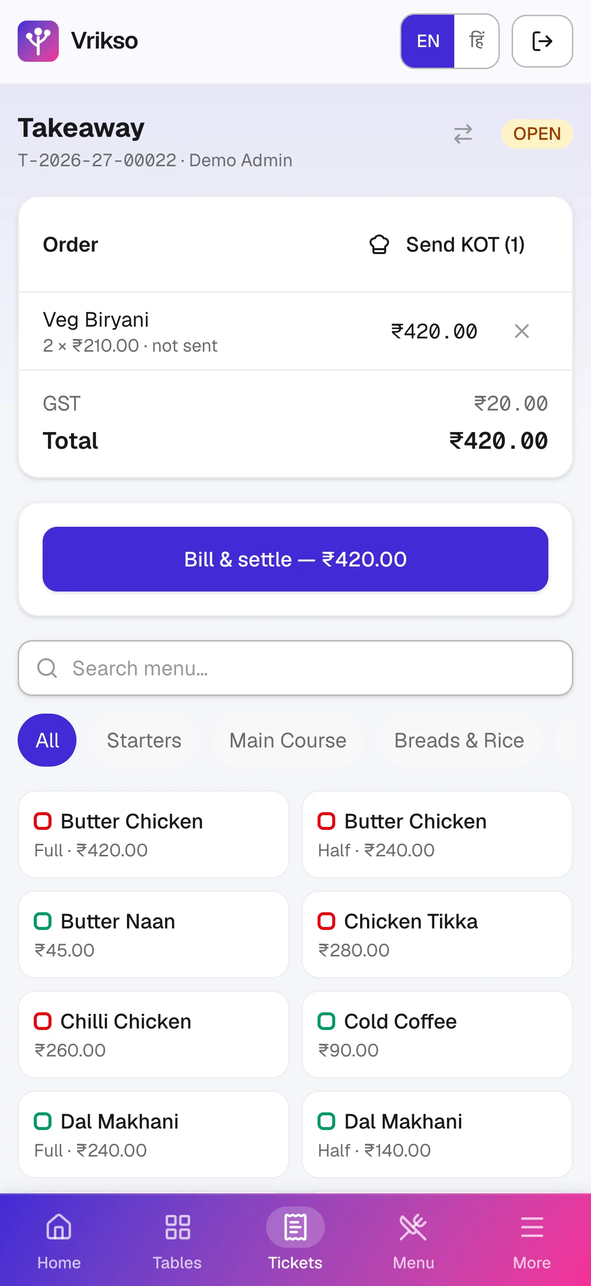 Taking a table order in Vrikso Restaurant